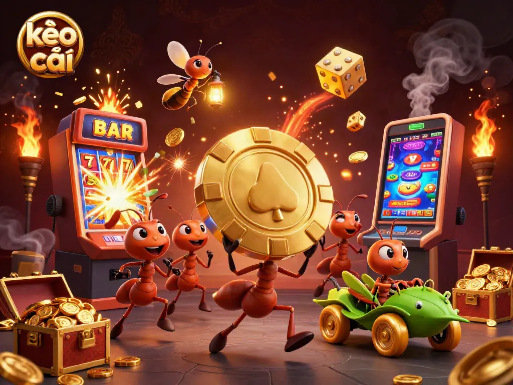 Dynamic kèo nhà cái illustration with ants nefariously carrying a giant poker chip through a tunnel surrounded by casino elements.
