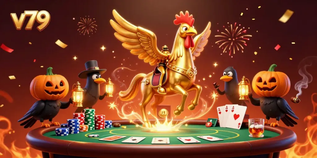 Experience the thrill at v79 with a golden rooster in a lavish casino scene, showcasing poker action.