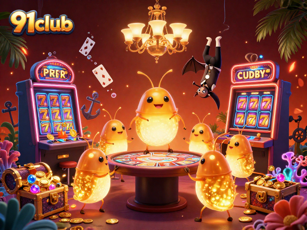 Engage with 91club in a vibrant 3D casino scene illuminated by glowworms and immersive gaming elements.