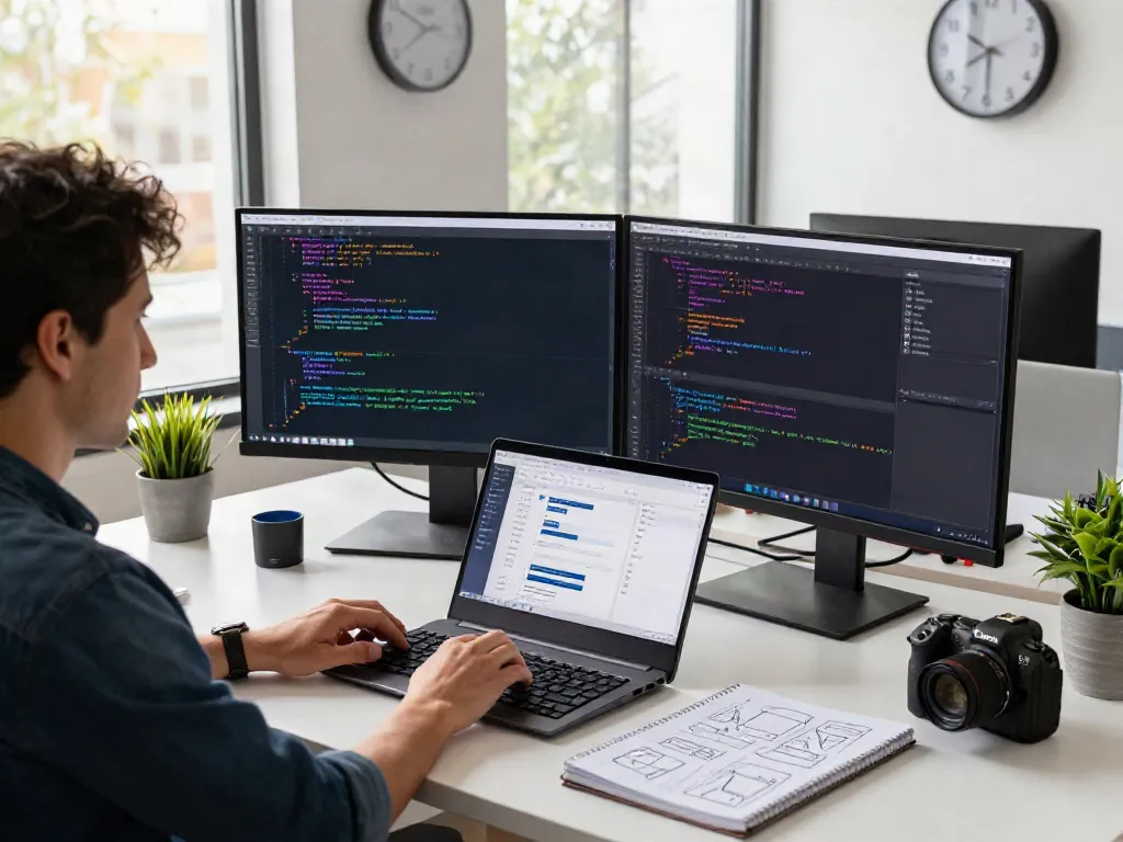 Instant indexing at a professional workspace with a developer coding on dual monitors.