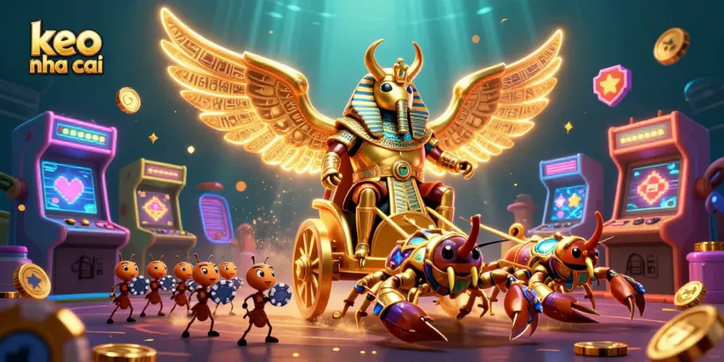 Engage with keo nha cai through this vibrant scene showcasing unique characters and casino elements.