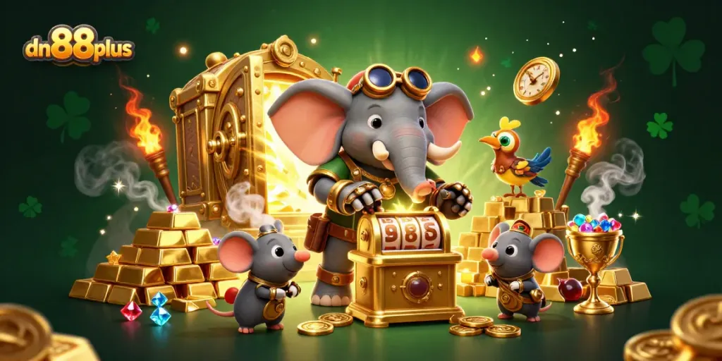 Win big with dn88plus at a vibrant slot machine scene featuring engaging characters and shining treasure.