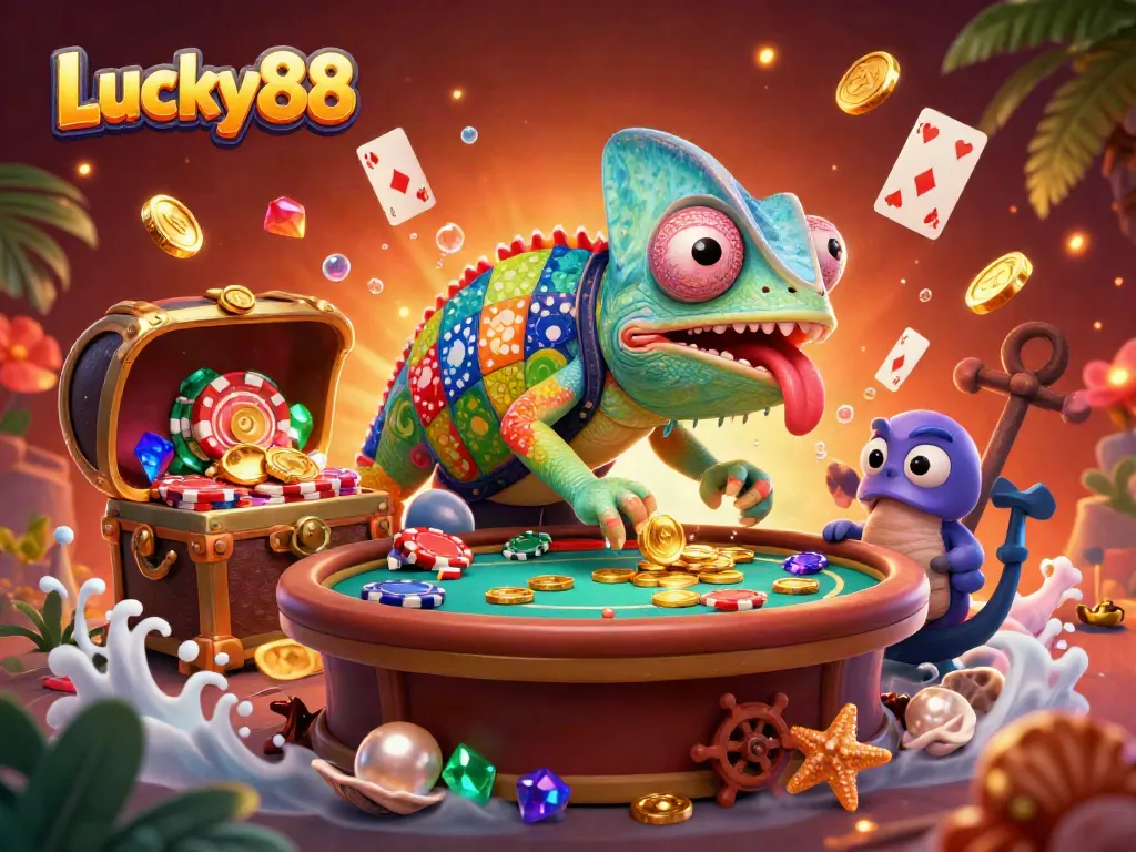 Engage with Lucky88's vibrant casino world featuring a chameleon owner and dynamic gaming elements.