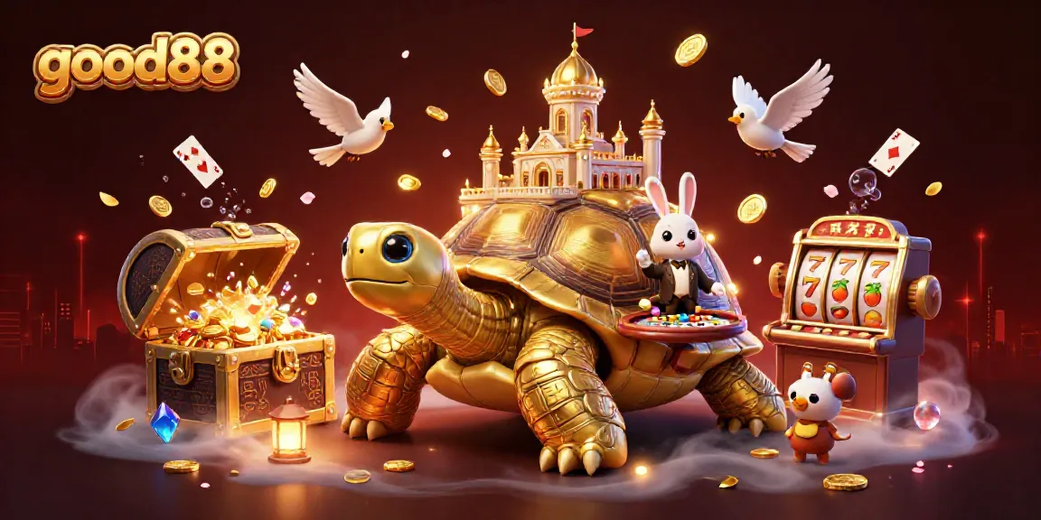 Experience the vibrant world of good88 casino with a tortoise casino and rabbit dealer amidst an explosion of treasures.