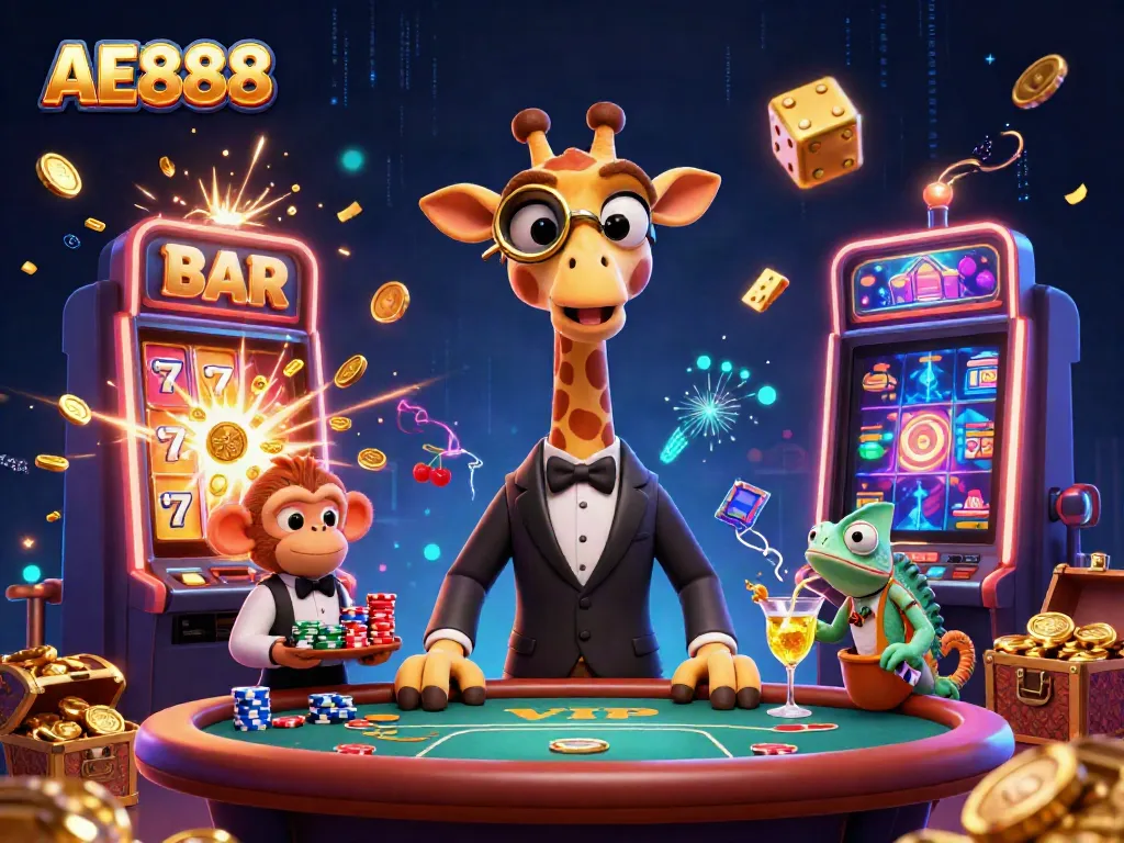 Spin and win with AE888 at an extravagant 3D casino featuring a giraffe, monkey, and chameleon.