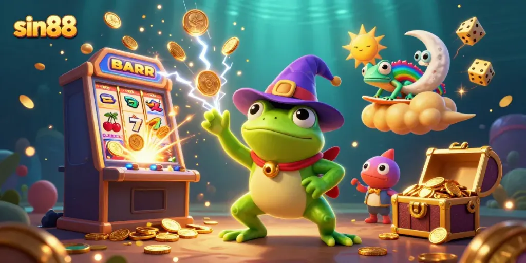 Unleash your luck with sin88 as the weather wizard frog conjures golden coins in a vibrant casino scene