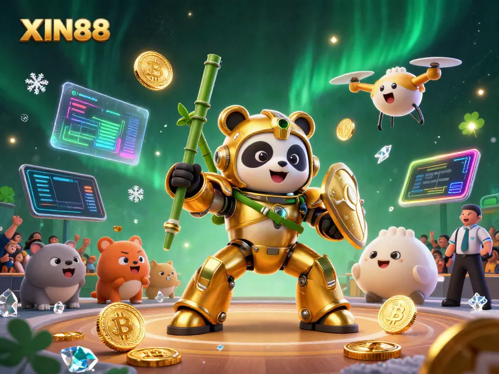 Join the excitement at XIN88 with an epic casino scene featuring a mech-suit panda and neon crypto elements.