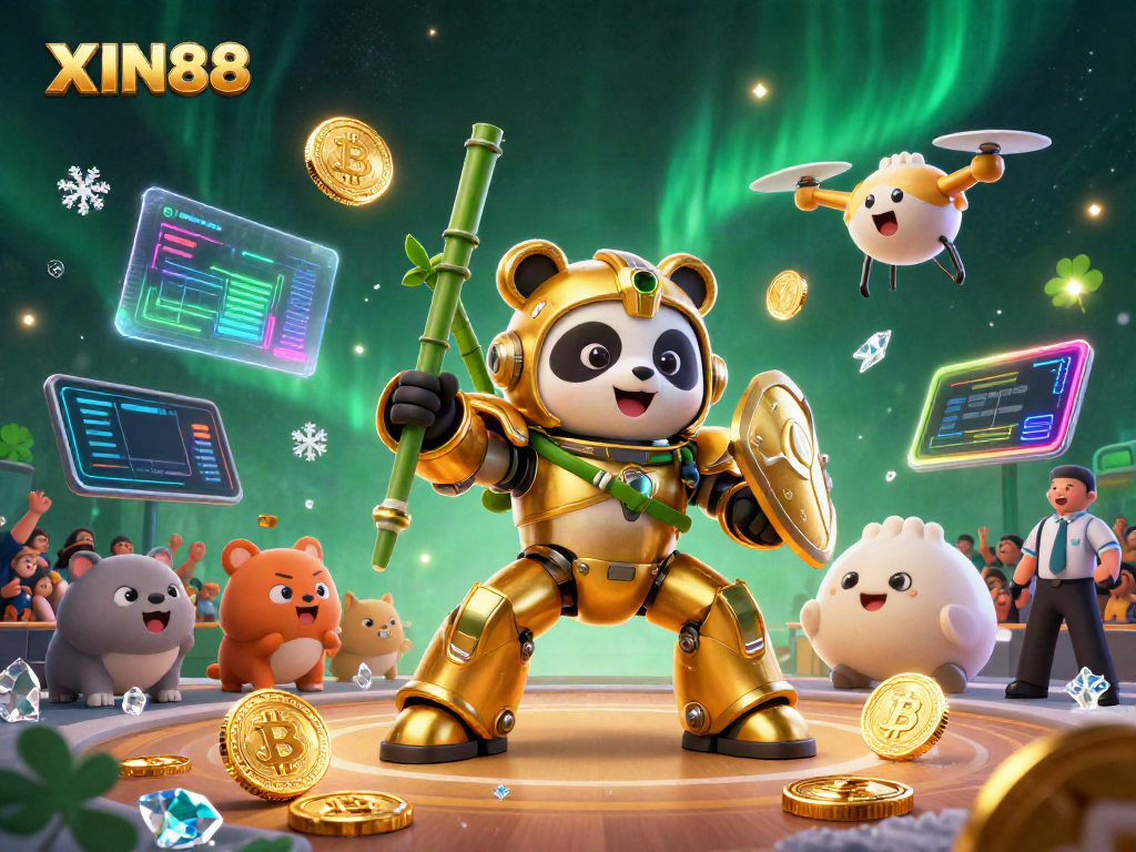Join the excitement at XIN88 with an epic casino scene featuring a mech-suit panda and neon crypto elements.