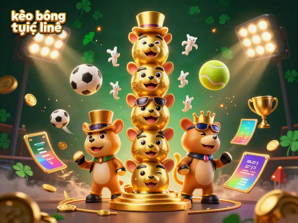 Place your bets with excitement in kèo bóng trực tuyến, featuring a fun totem pole and vibrant sports betting elements.