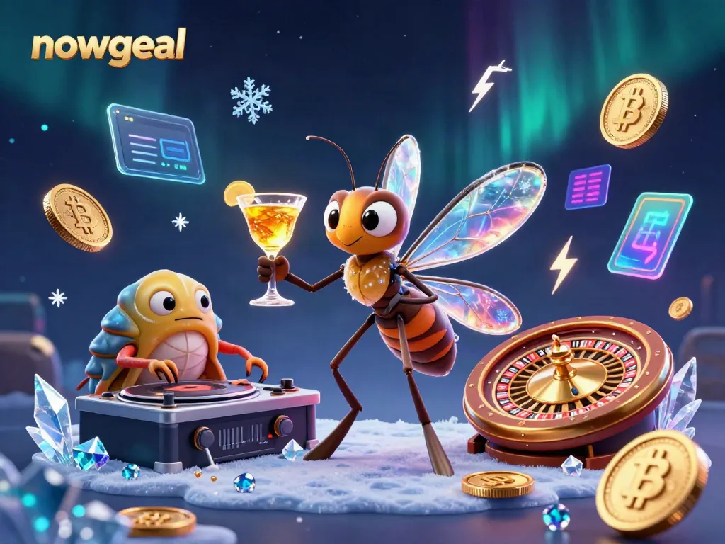 nowgoal mascot brings excitement to the casino scene with a frozen-in-amber mosquito, surrounded by gold coins and crypto elements