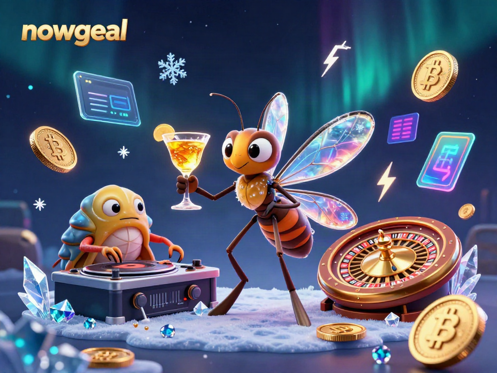 nowgoal mascot brings excitement to the casino scene with a frozen-in-amber mosquito, surrounded by gold coins and crypto elements