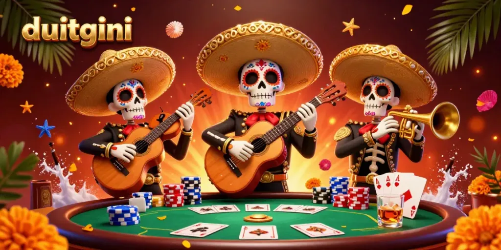 Experience innovative gaming with duitgini featuring lively mariachi characters amidst poker elements.