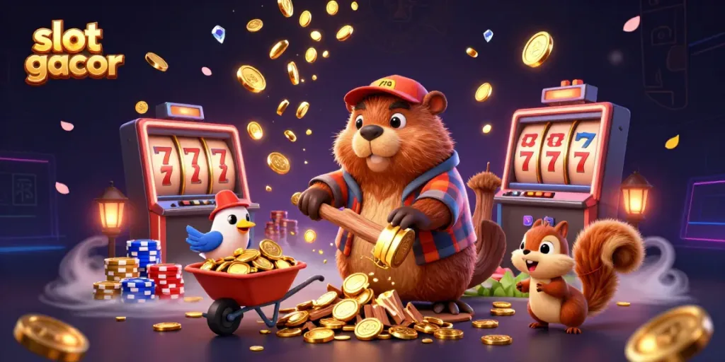 Experience the thrill of slot gacor with vibrant cartoon characters collecting golden wins in a lively casino scene.