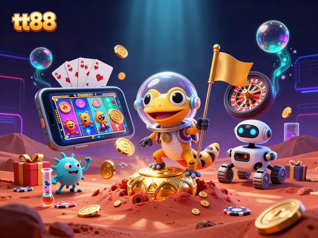 Interact with the stunning tt88 casino scene featuring a Martian gecko discovering golden games.