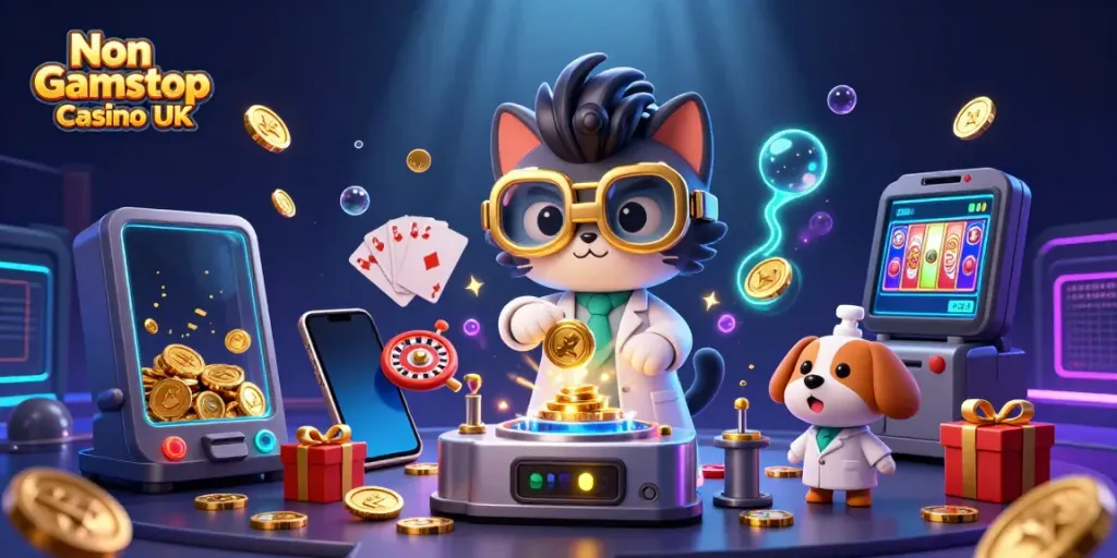 Engaging 3D illustration featuring elements of Non Gamstop Casino UK, with a cat scientist and dog assistant amidst rich gaming visuals.