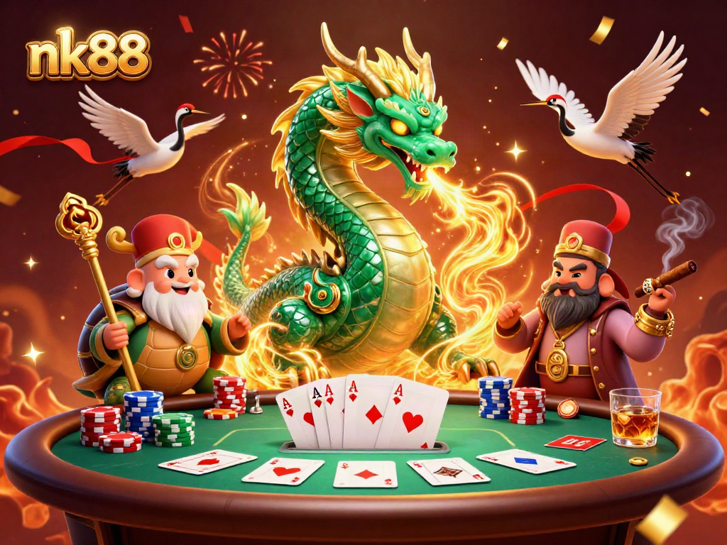 Experience thrilling nk88 gameplay with a jade dragon and lucky cranes in a vibrant casino scene.
