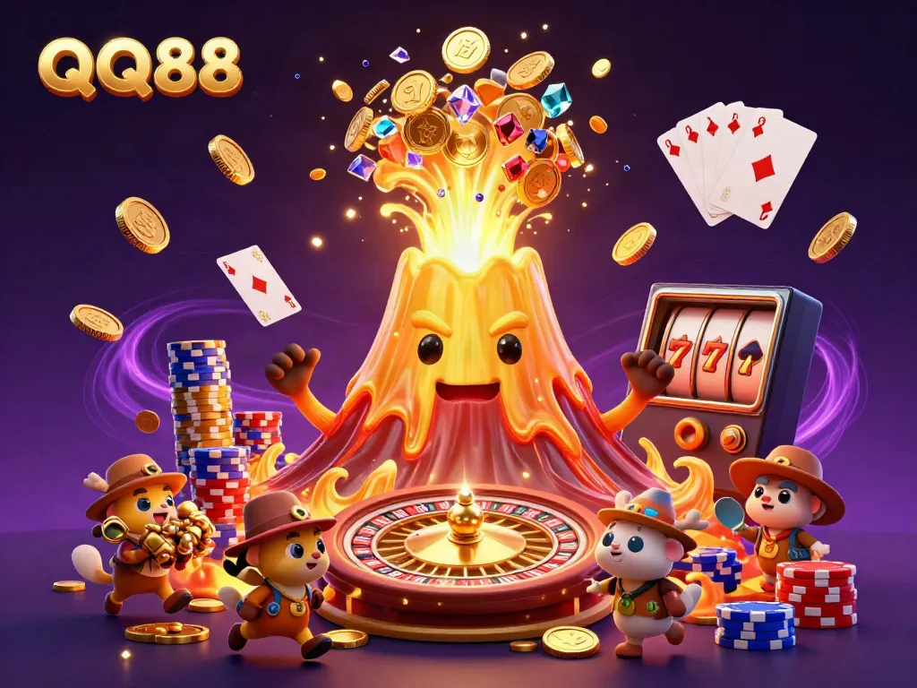 Experience the excitement of QQ88 with a golden volcano erupting treasure and thrilling casino elements in 3D.