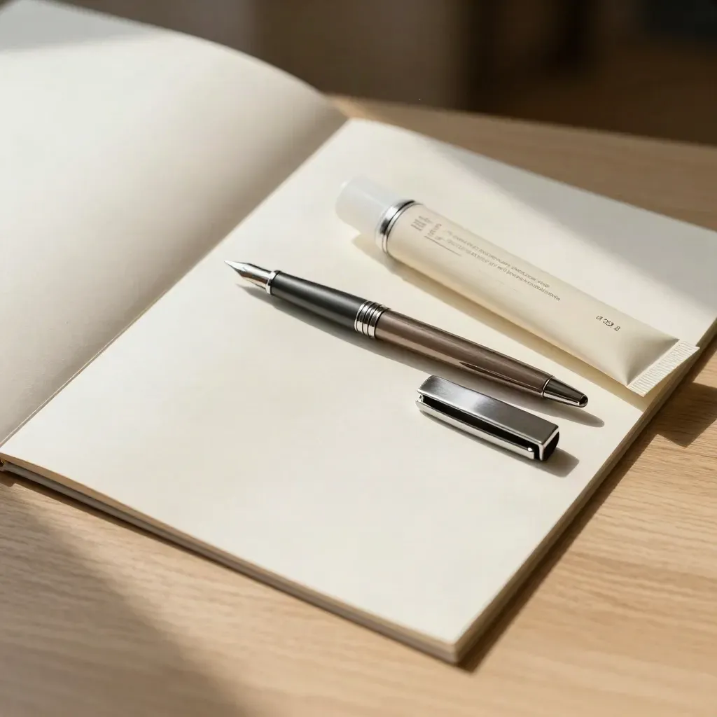 Top-down still life of a presentation folder, fountain pen, tie clip and certificate tube on pale wood.