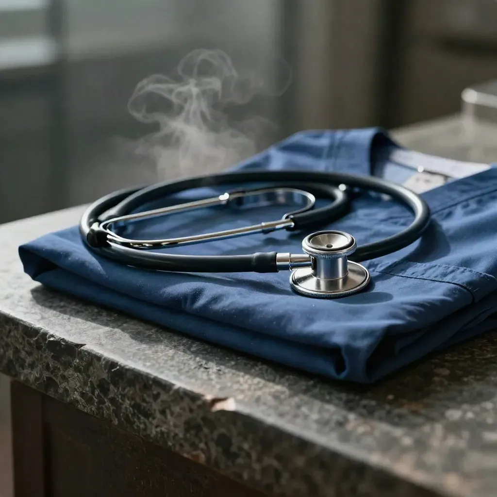 Stethoscope coiled around a watch beside folded scrubs on dark stone with steam haze.