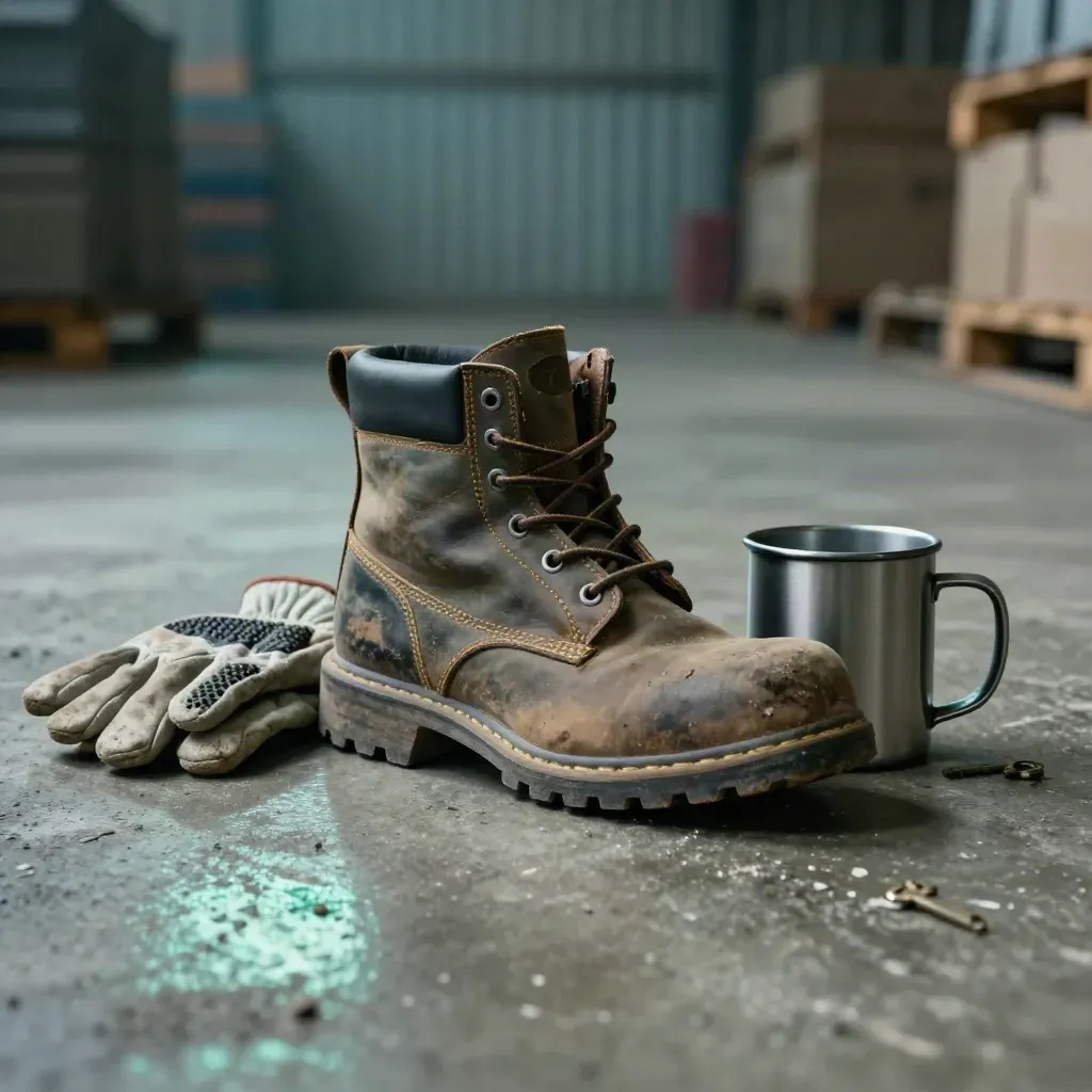 Steel-toe boot, gloves and thermal mug on brushed concrete in a hazy warehouse