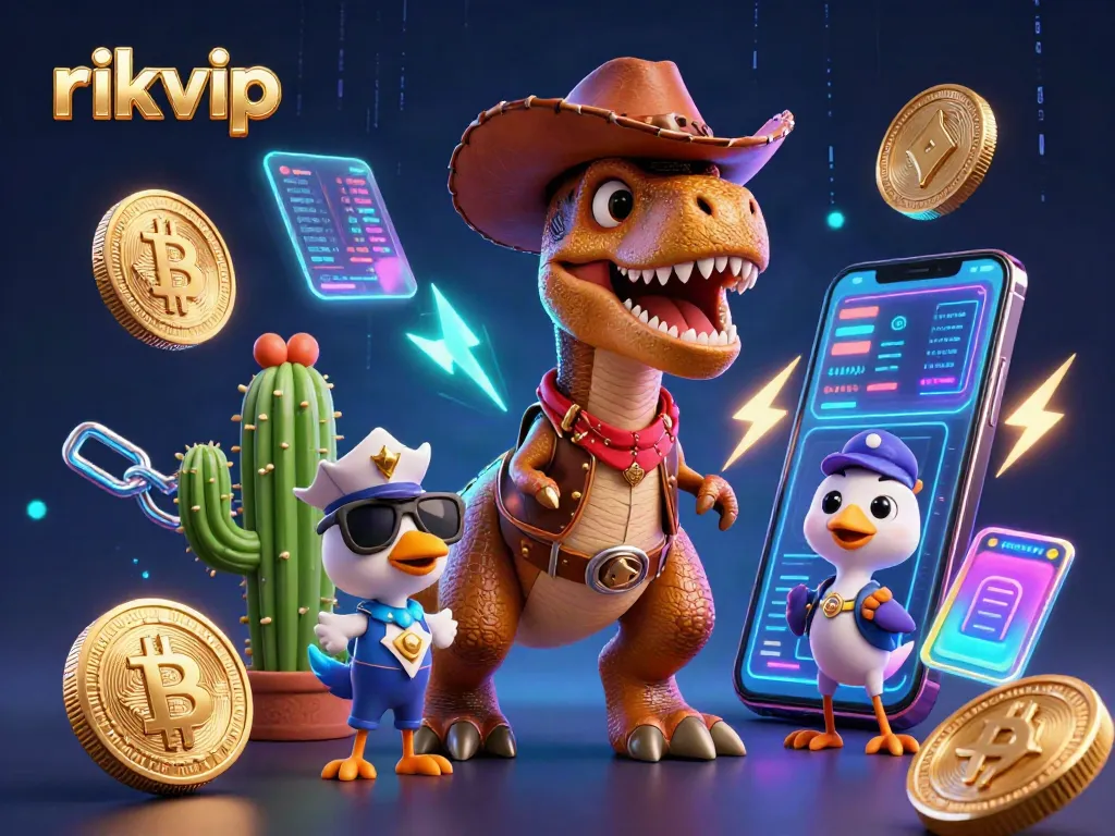 Engage in thrilling games at rikvip with iconic characters and vibrant casino elements illustrated