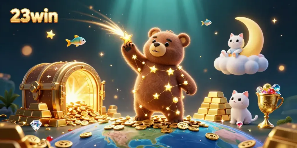 Experience vibrant excitement at 23win with a constellation bear scooping golden coins from Earth in an enchanting casino scene.