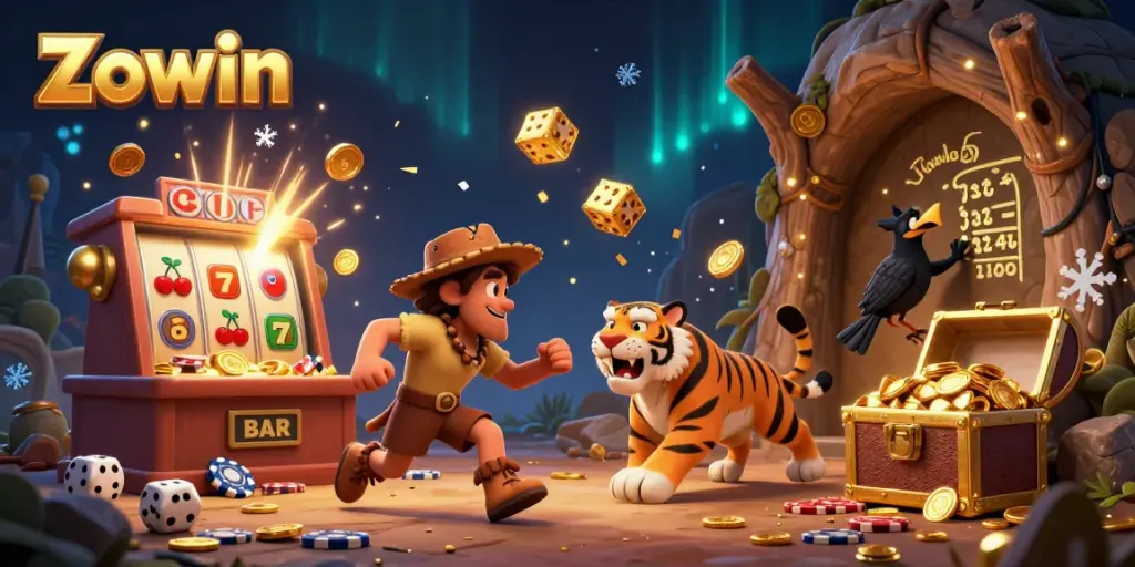 Zowin casino illustration featuring a caveman and sabertooth tiger with casino elements.