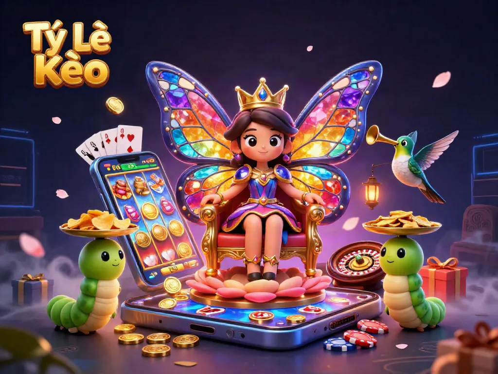Enhance your betting strategy with Tỷ Lệ Kèo showcasing animated casino elements and a vibrant butterfly queen.