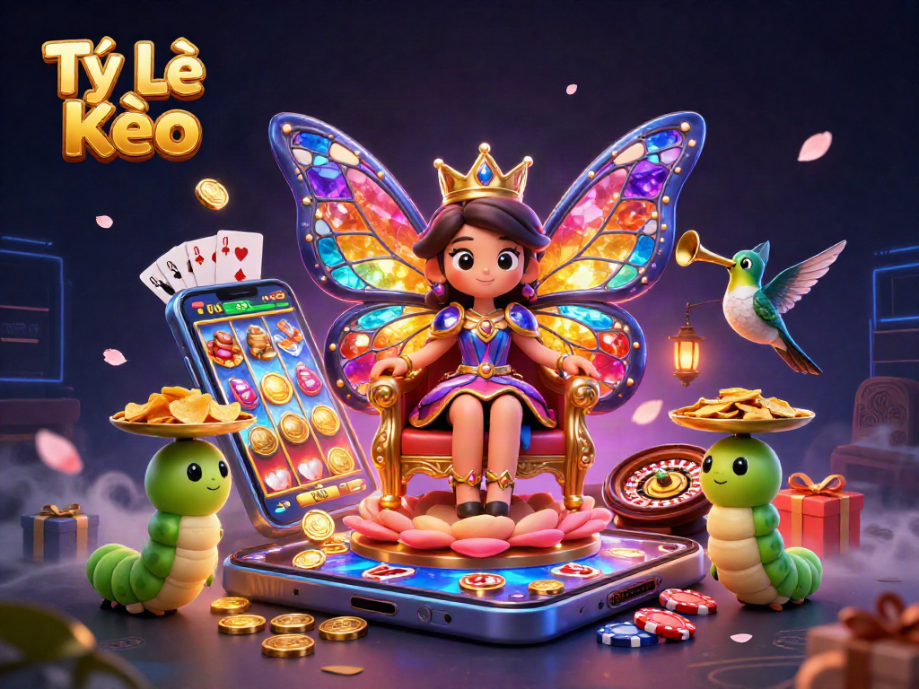 Enhance your betting strategy with Tỷ Lệ Kèo showcasing animated casino elements and a vibrant butterfly queen.