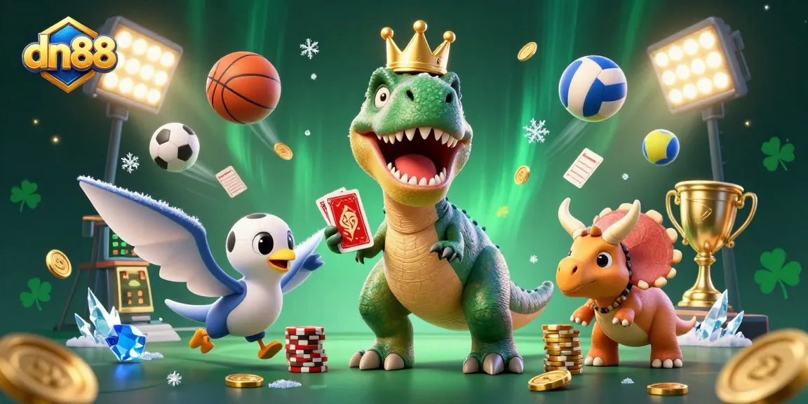 Engage with dn88's vibrant gaming atmosphere as cartoon dinosaurs shuffle cards and stack chips in a lively casino.
