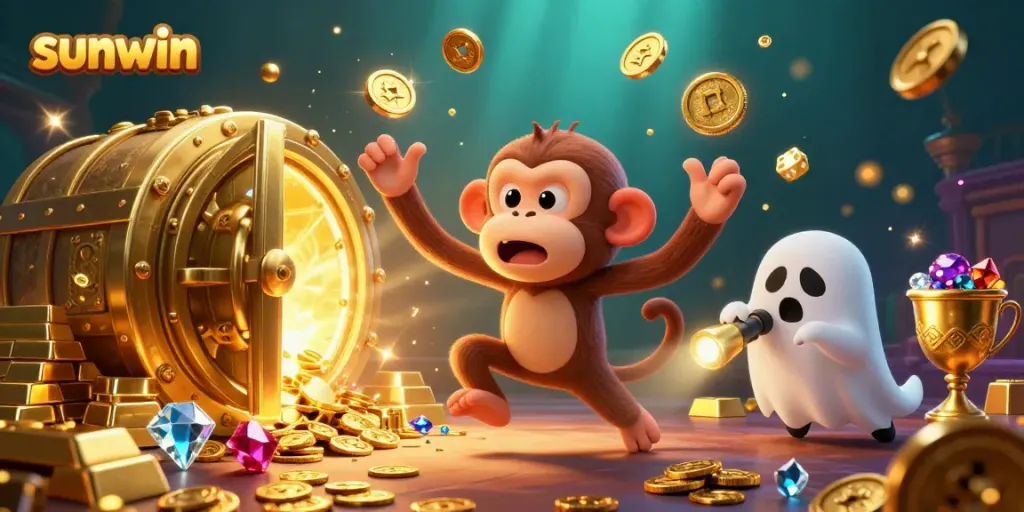 Experience the thrill of sunwin with this lively casino scene featuring a poltergeist monkey and ghost-hunter puppy.