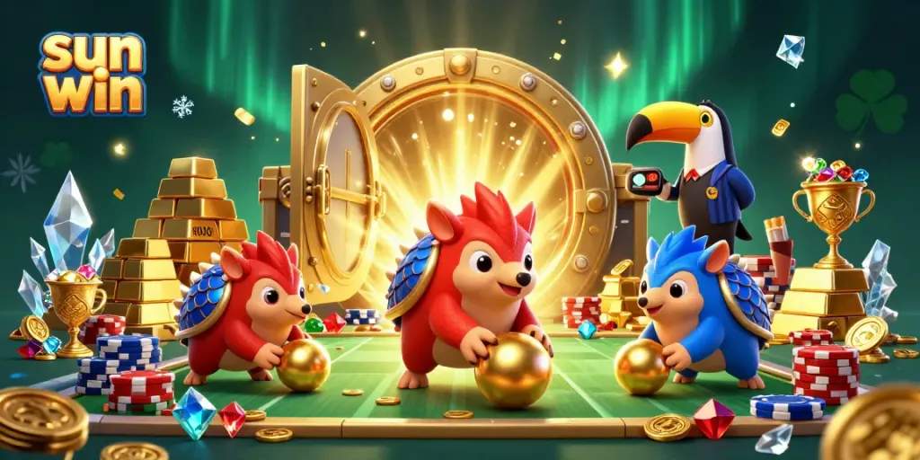 Experience thrilling gameplay with sun win, as pangolins roll into chips in a vibrant casino scene.