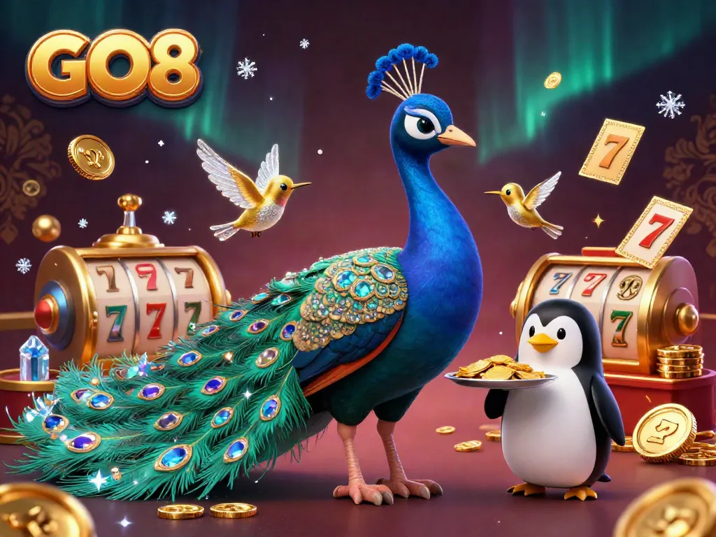 Experience the joy of winning at GO8 with a vibrant casino scene featuring peacock and penguin characters.