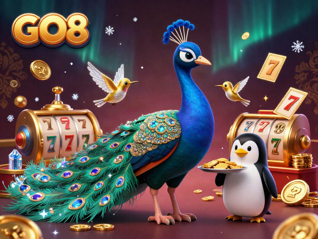 Experience the joy of winning at GO8 with a vibrant casino scene featuring peacock and penguin characters.