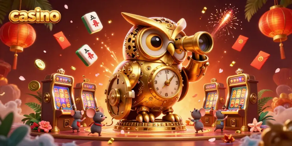 Engage with the vibrant casino scene featuring a golden owl overseeing patrons and colorful gaming elements.