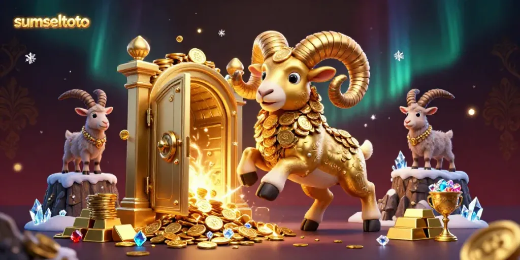 Sumseltoto presents a dynamic 3D illustration with a golden ram and treasures, capturing casino excitement.