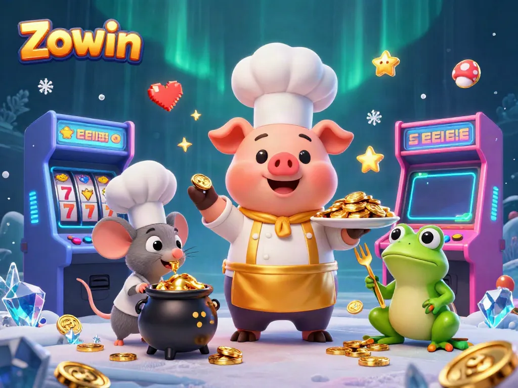 Experience Zowin with a lively scene featuring a chef pig serving gold coins in a dynamic casino environment.