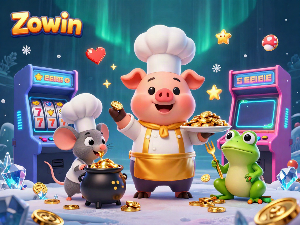 Experience Zowin with a lively scene featuring a chef pig serving gold coins in a dynamic casino environment.