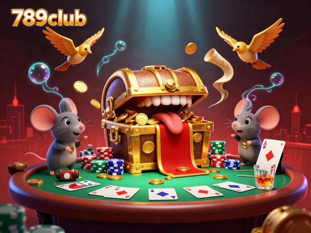 Engage in thrilling gameplay with 789club, experiencing the excitement of a dynamic casino scene filled with treasures and poker elements.