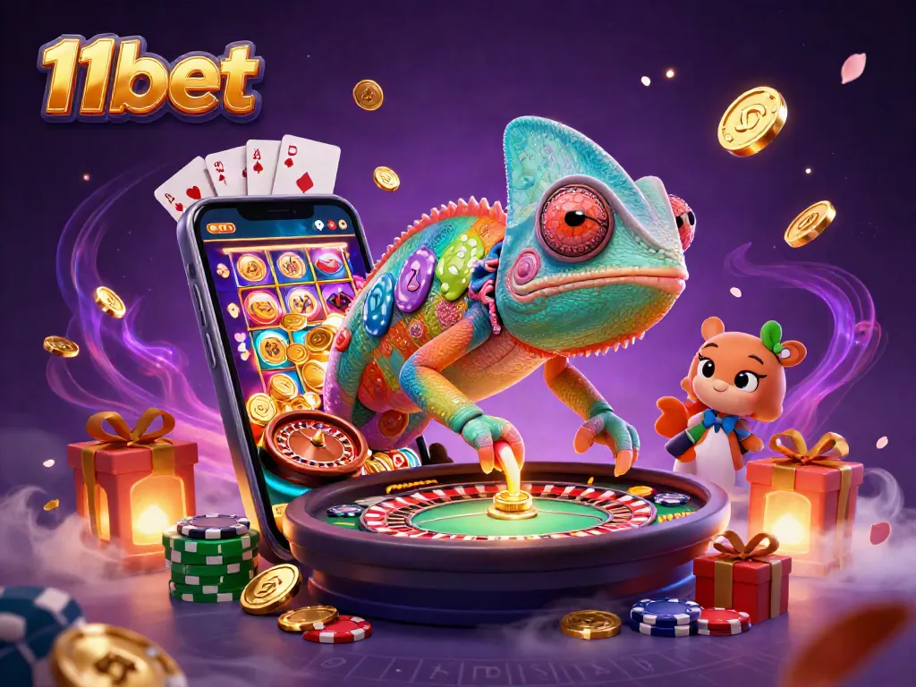 Experience thrilling gameplay with 11bet's dynamic casino scene featuring a chameleon owner and vibrant games.