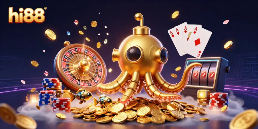 Engage in thrilling gameplay at hi88 with the golden kraken submarine and treasures cascading around.