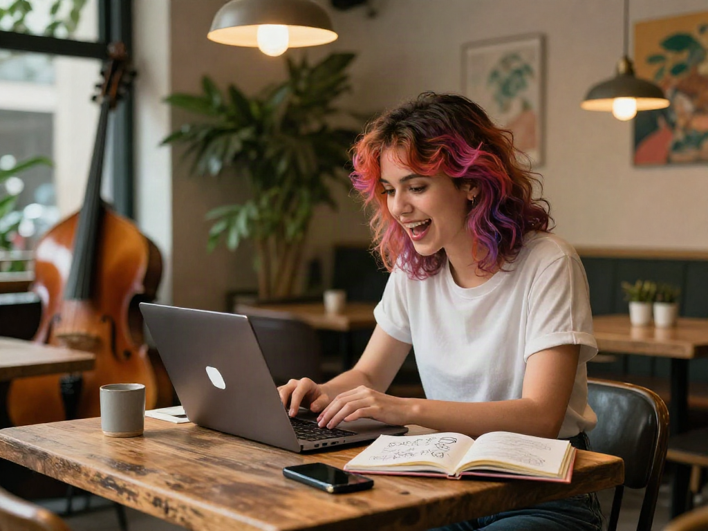 Vibrant scene of NSFW AI chat in cozy café with creative elements.