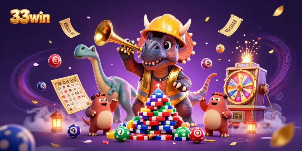 Celebrate wins and prizes at 33win with dynamic casino-themed elements and vivid characters.
