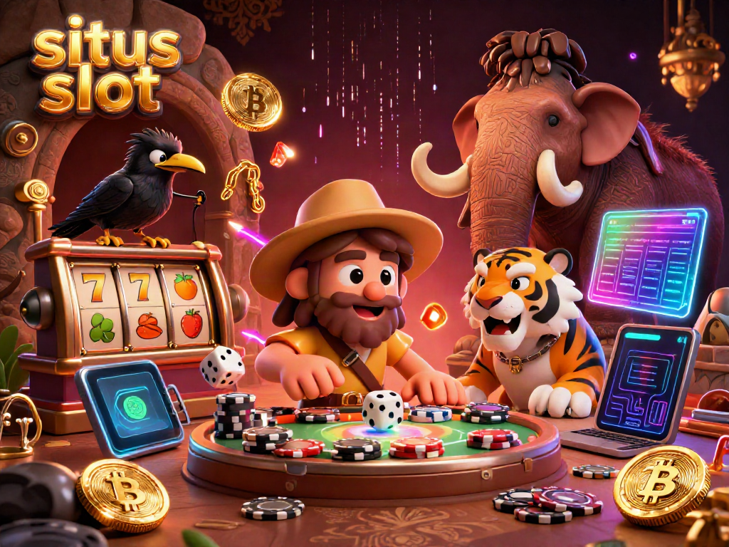Experience the excitement of situs slot with a captivating 3D illustration of a prehistoric casino scene.