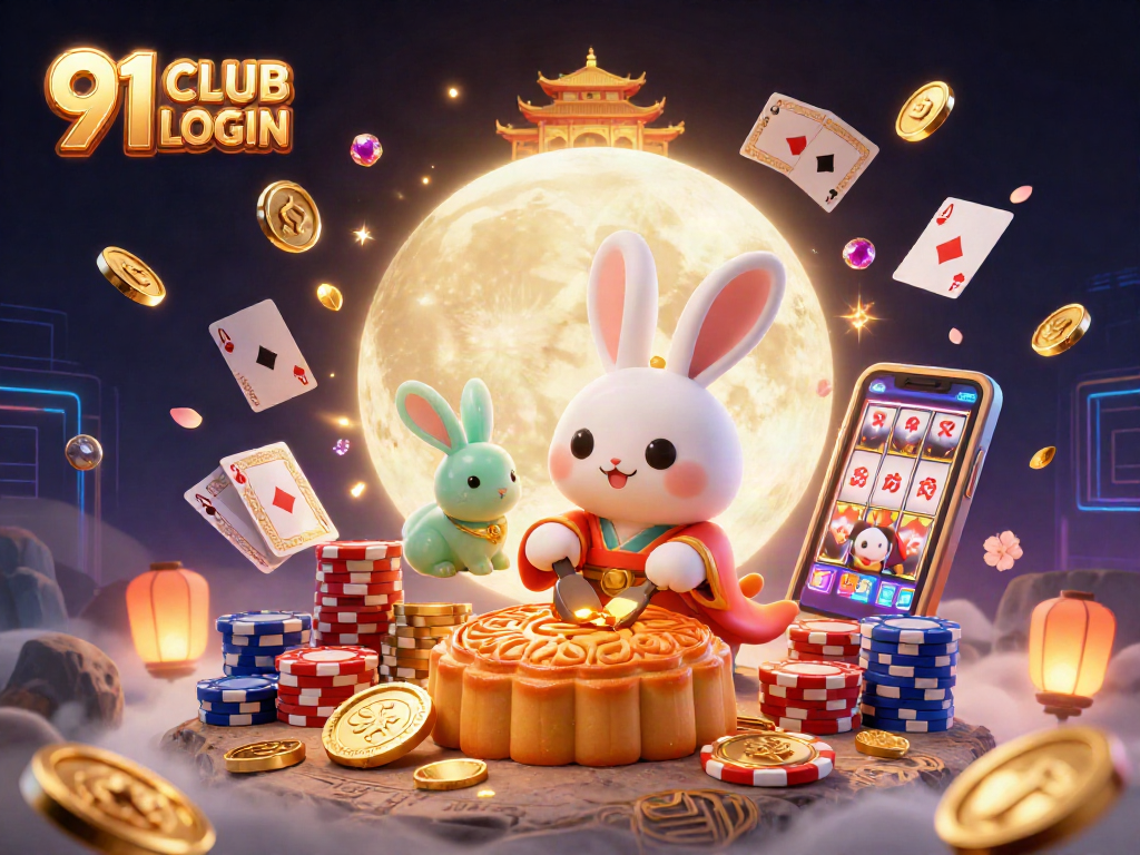 Engage with the exciting 91 CLUB LOGIN scene featuring a rabbit character amid a lunar casino.