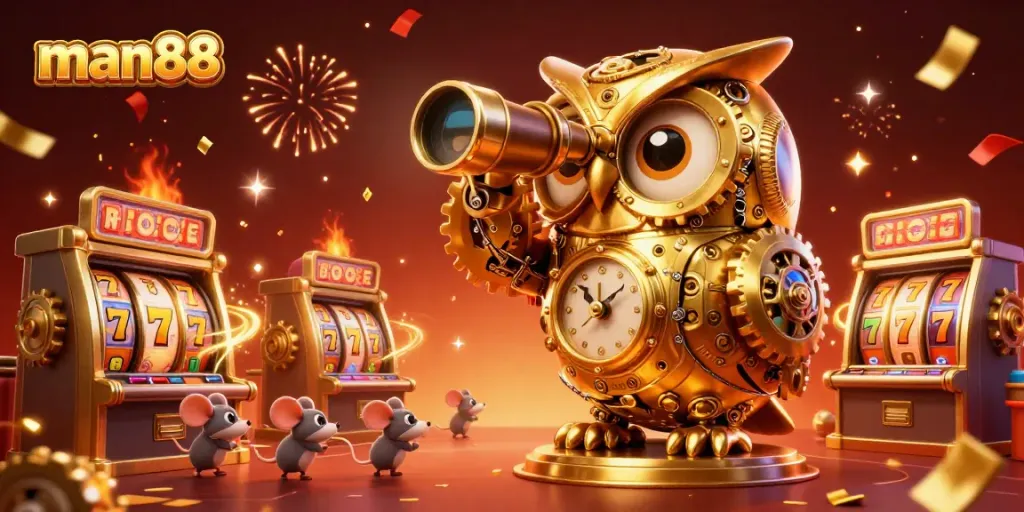 Experience the excitement of man88 casino with vibrant slot reels and a whimsical owl guardian overseeing the action.