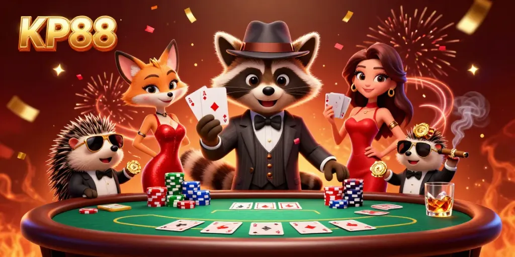 Experience the excitement of KP88 with a glamorous casino scene featuring a suave raccoon holding a royal flush.
