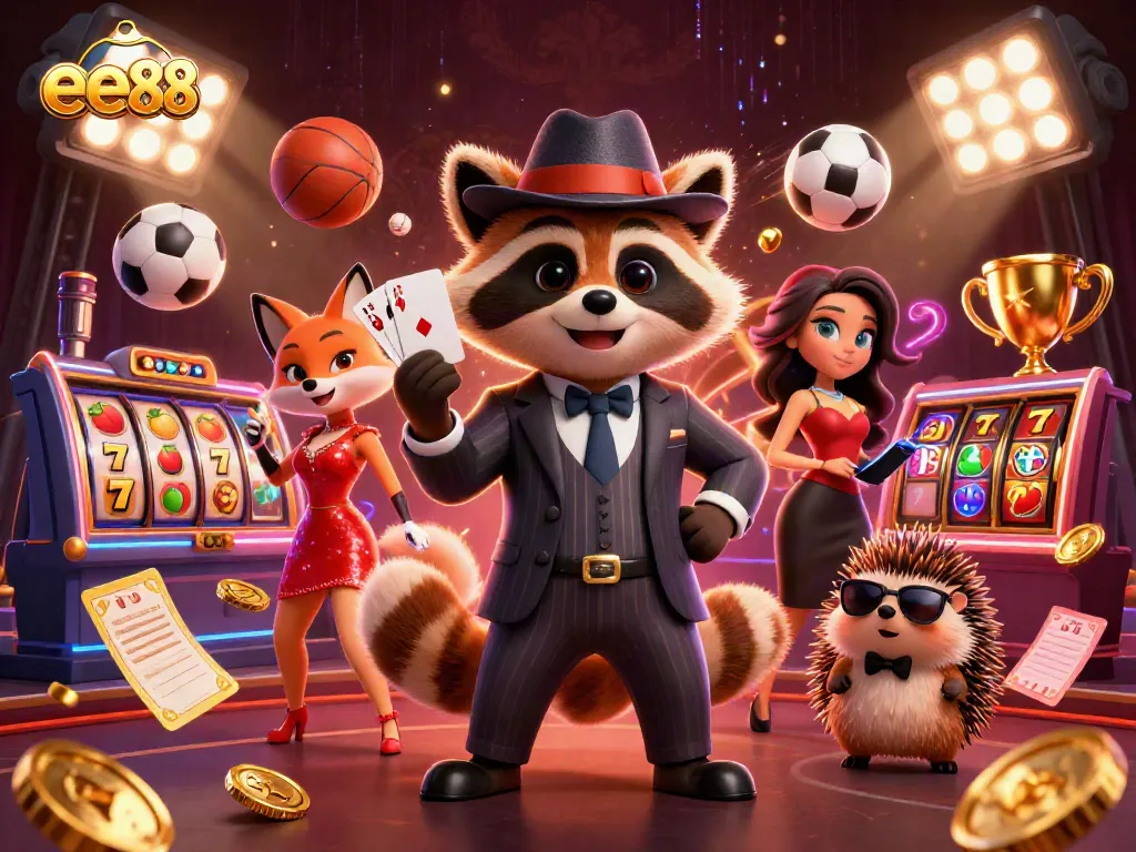 Join ee88's thrilling casino adventure featuring a suave raccoon, a glamorous fox, and a hedgehog bouncer.