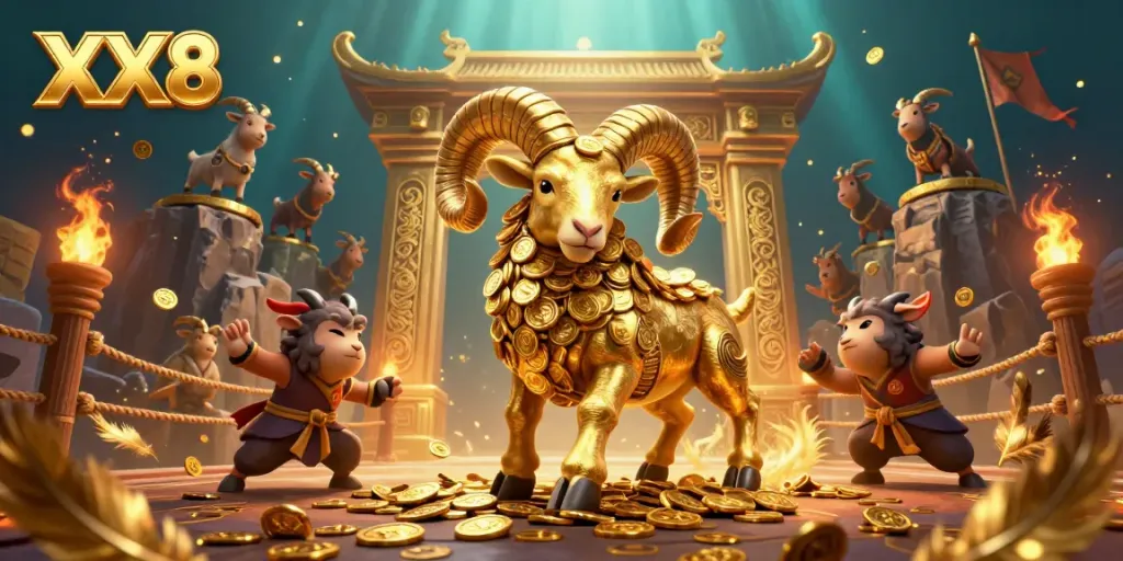 Experience the thrilling energy of casino gaming with XX8, featuring a golden ram and vibrant betting elements.