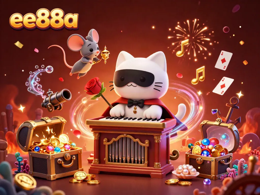 Join the fun with ee88a at a vibrant casino featuring a masked cat, mouse acrobat, and sparkling treasures.